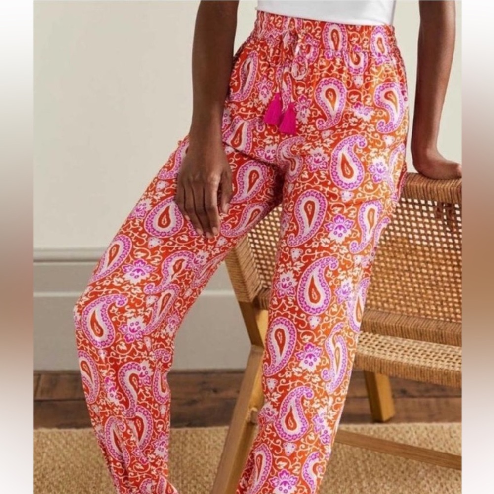 Boden | Crinkle Taper Trouser Paisley Red Pink Orange 12R